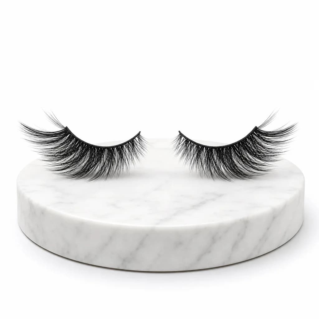 Flutter Luxe dramatic lashes displayed on marble
